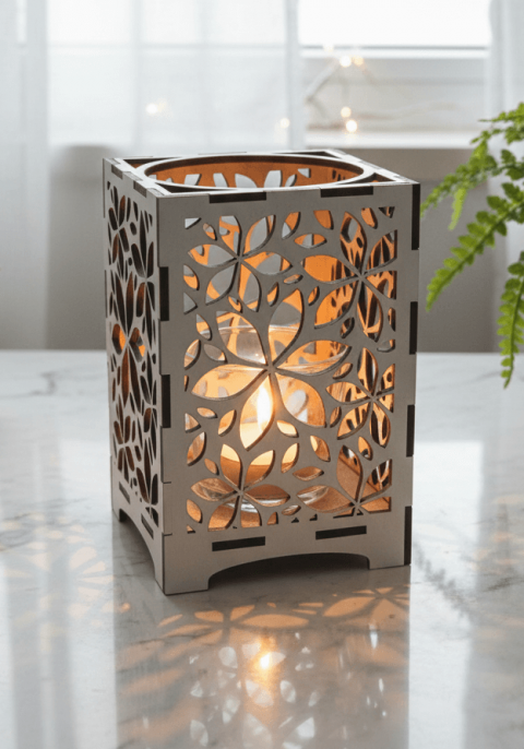 Ljuslyktan Lily i vit – handgjord trälykta med frostinspirerat mönster som ger ett ljust och harmoniskt sken. Svenskt hantverk från Nordland Design.