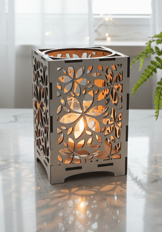 Ljuslyktan Lily i vit – handgjord trälykta med frostinspirerat mönster som ger ett ljust och harmoniskt sken. Svenskt hantverk från Nordland Design.