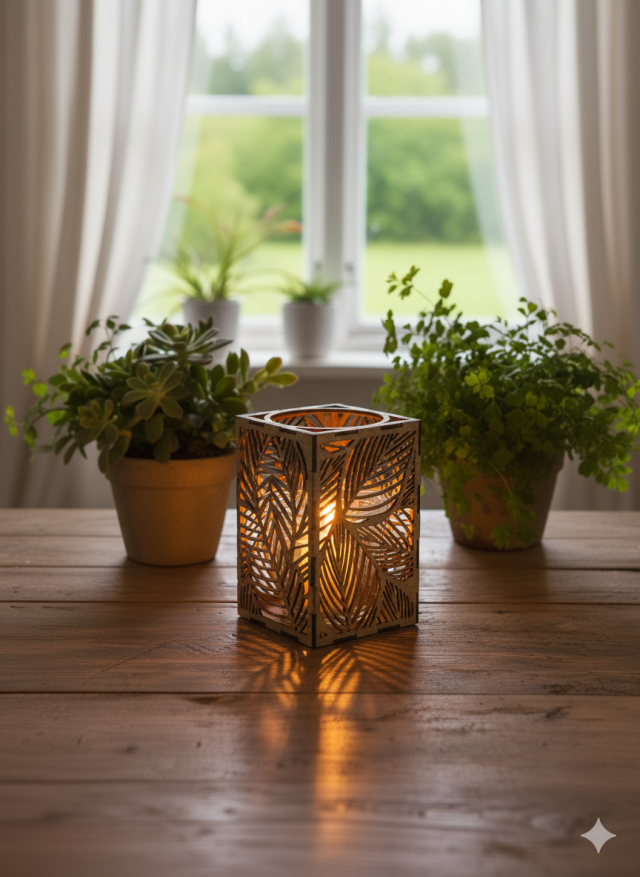 Ljuslyktan Saga i svart – handgjord trälykta med lövmotiv som ger ett elegant och stämningsfullt ljus. Tillverkad i Sverige av Nordland Design.