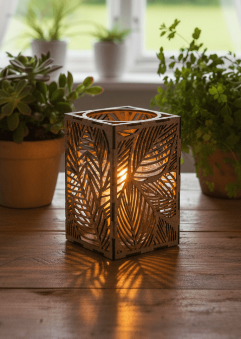 Ljuslyktan Saga i svart – handgjord trälykta med lövmotiv som ger ett elegant och stämningsfullt ljus. Tillverkad i Sverige av Nordland Design.