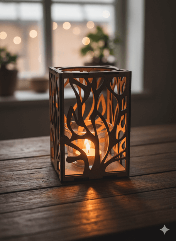 Ljuslyktan Eld – naturlig ljuslykta i trämaterial.